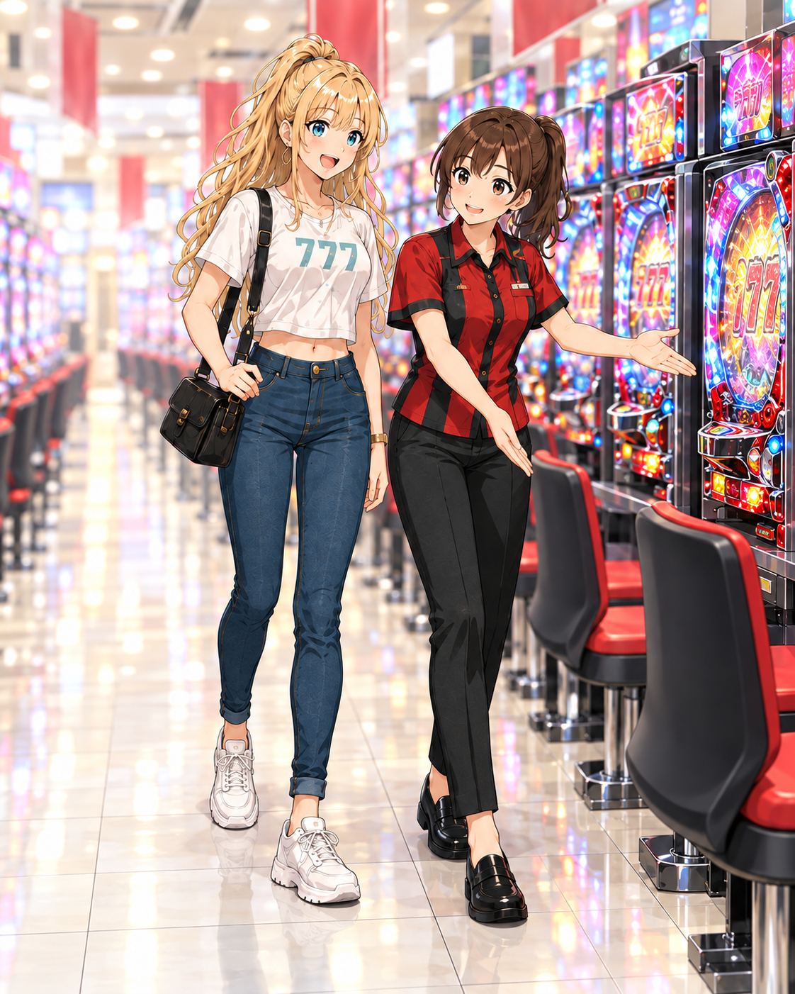 スタッフが初めての来店者へ遊技台を案内するイラスト